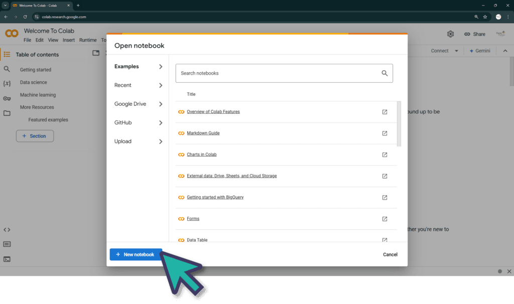Screenshot - Crear nuevo cuaderno (New notebook) - Google Colab