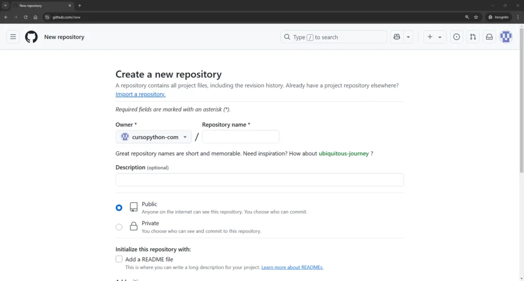Screenshot crear nuevo repositorio