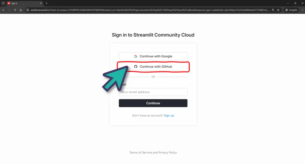 Screenshot share.streamlit.io iniciar sesión con GitHub