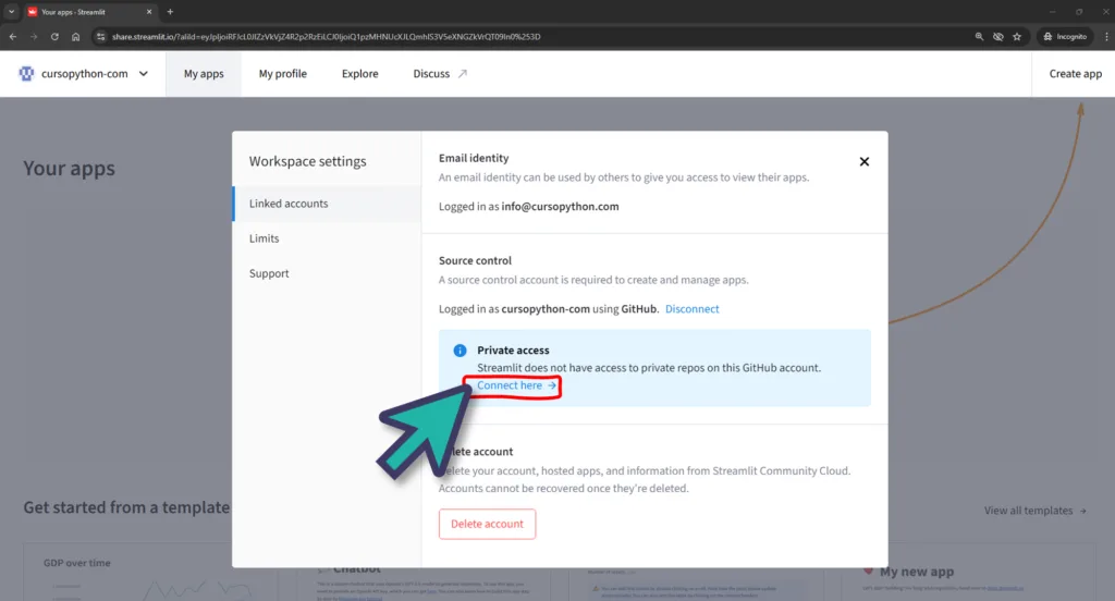 Screenshot share.streamlit.io iniciar sesión con GitHub y autorizar acceso a repositorios privados