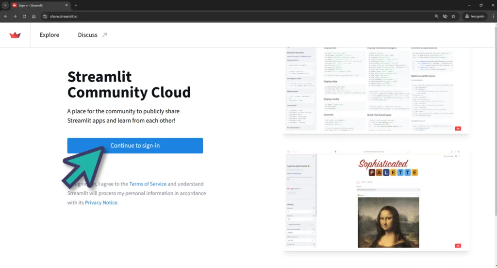 Screenshot share.streamlit.io iniciar sesión