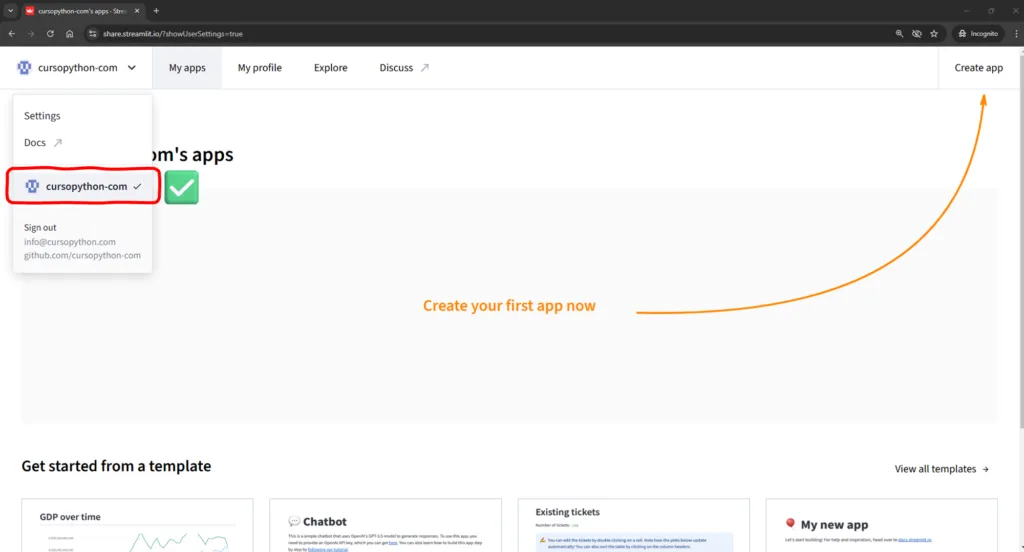 Screenshot share.streamlit.io iniciar sesión con GitHub y autorizar acceso a repositorios privados