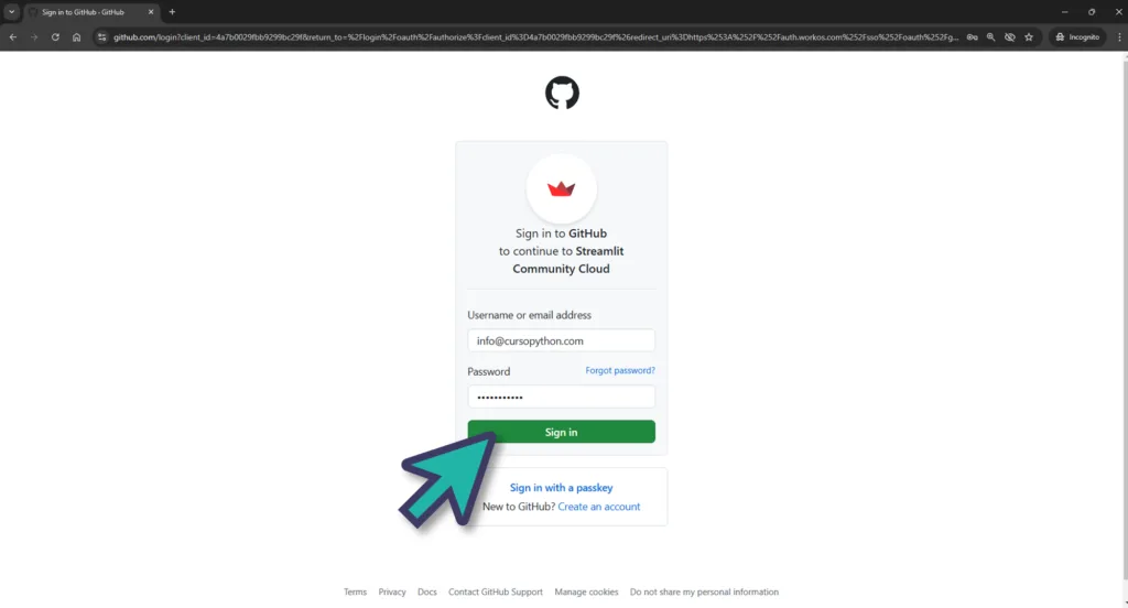 Screenshot share.streamlit.io iniciar sesión con GitHub