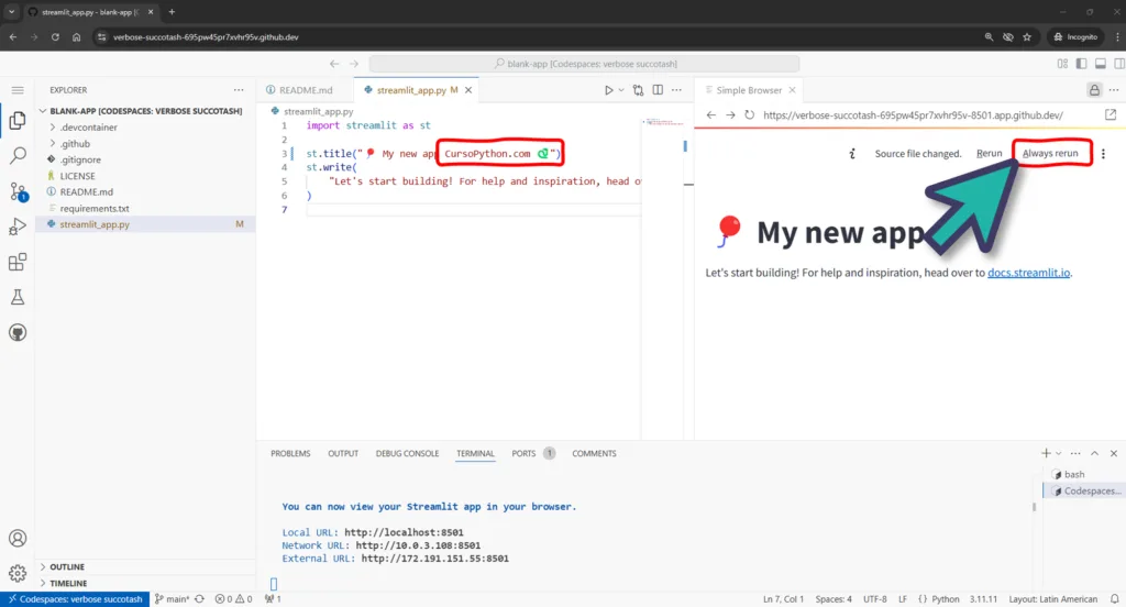 Screenshot share.streamlit.io crear aplicación con GitHub Codespaces