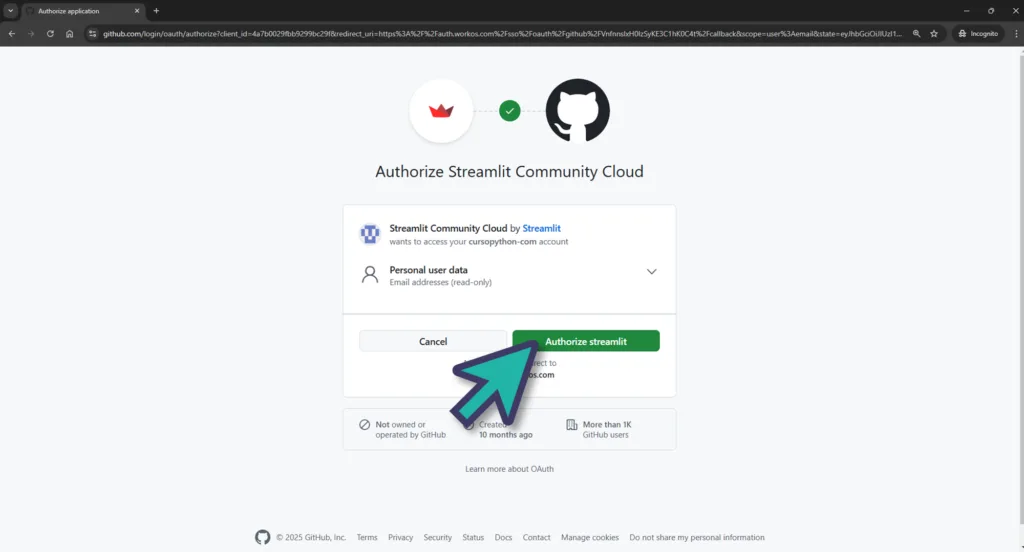 Screenshot share.streamlit.io iniciar sesión con GitHub