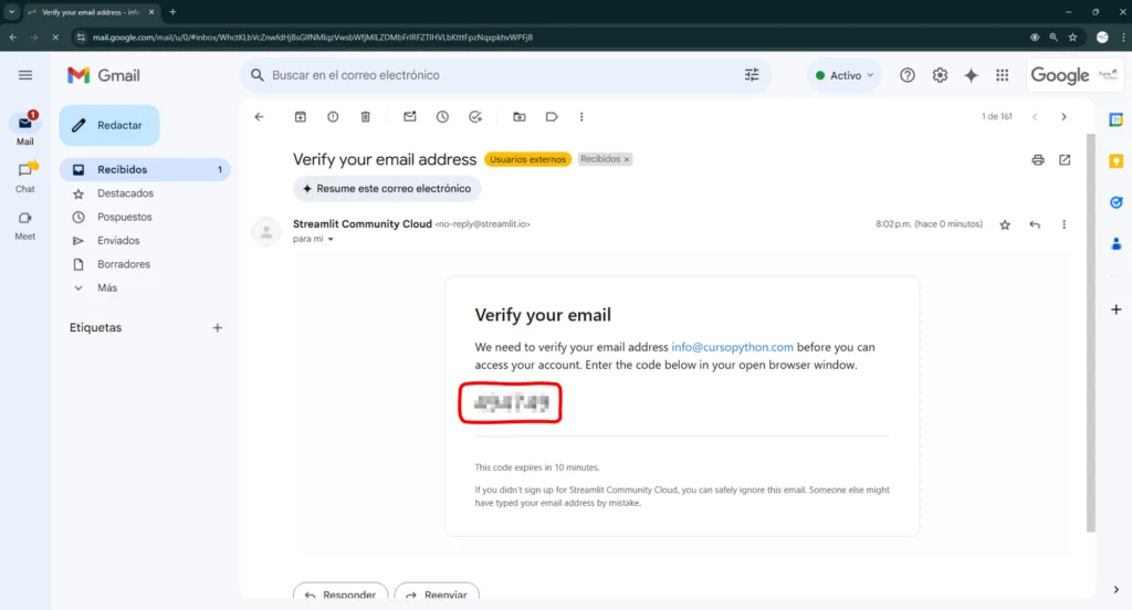 Screenshot share.streamlit.io iniciar sesión con GitHub - verificar correo