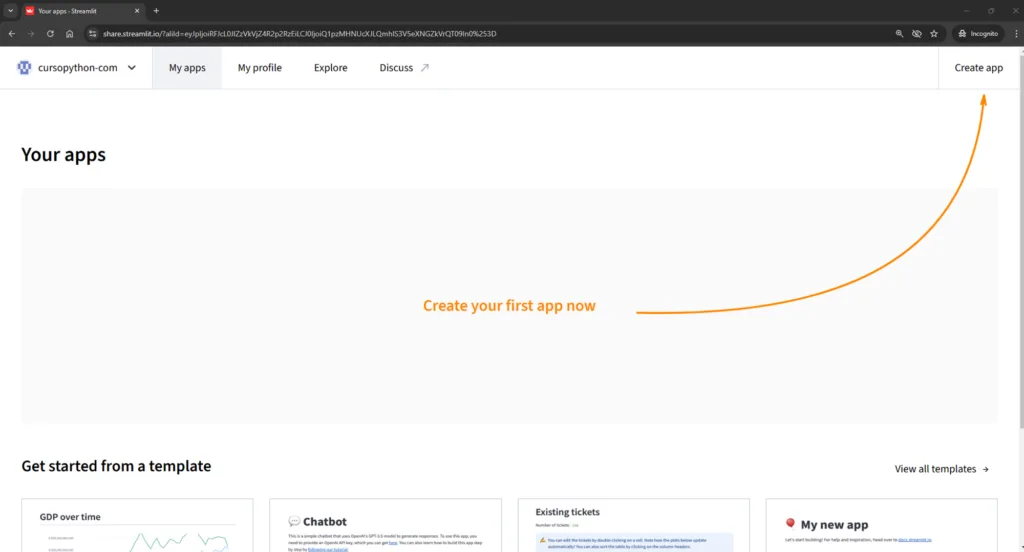 Screenshot share.streamlit.io página de inicio