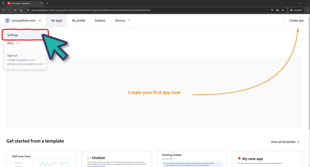 Screenshot share.streamlit.io iniciar sesión con GitHub y autorizar acceso a repositorios privados